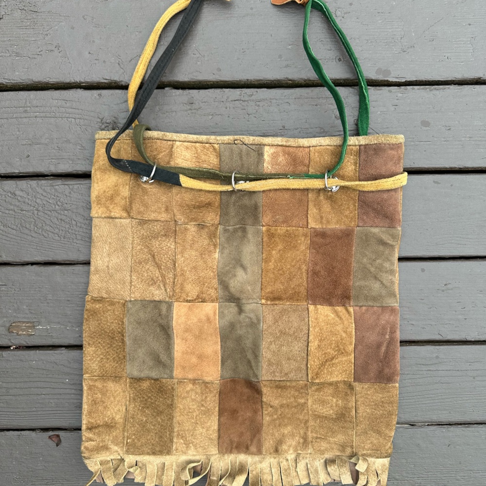 Vintage 70s Suede Patchwork Drawstring Purse W/ F… - image 2